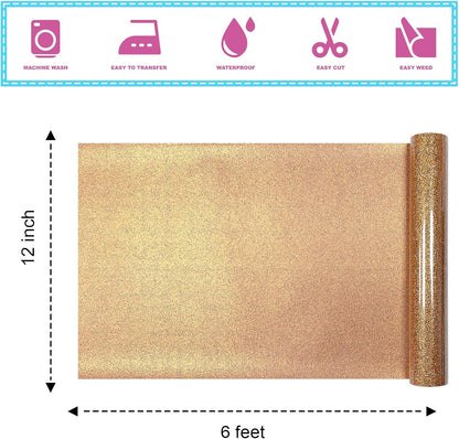 Bronze Glitter Heat Transfer Vinyl 12Inch*6FT Glitter Iron on Vinyl for T Shirts Easy to Cut and Weed Compatible with All Cutter Machines HTV Vinyl Iron on for Cricut (Bronze, 12Inches*6Ft)