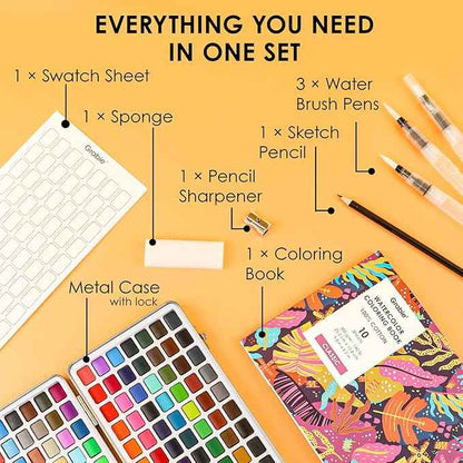 Grabie Watercolor Paint Set, Watercolor Paints, 168 Colors, Painting Set with Coloring Book, Water Brushes and Drawing Pencil, Art Supplies, Perfect Starter Kit for Watercolor Painting