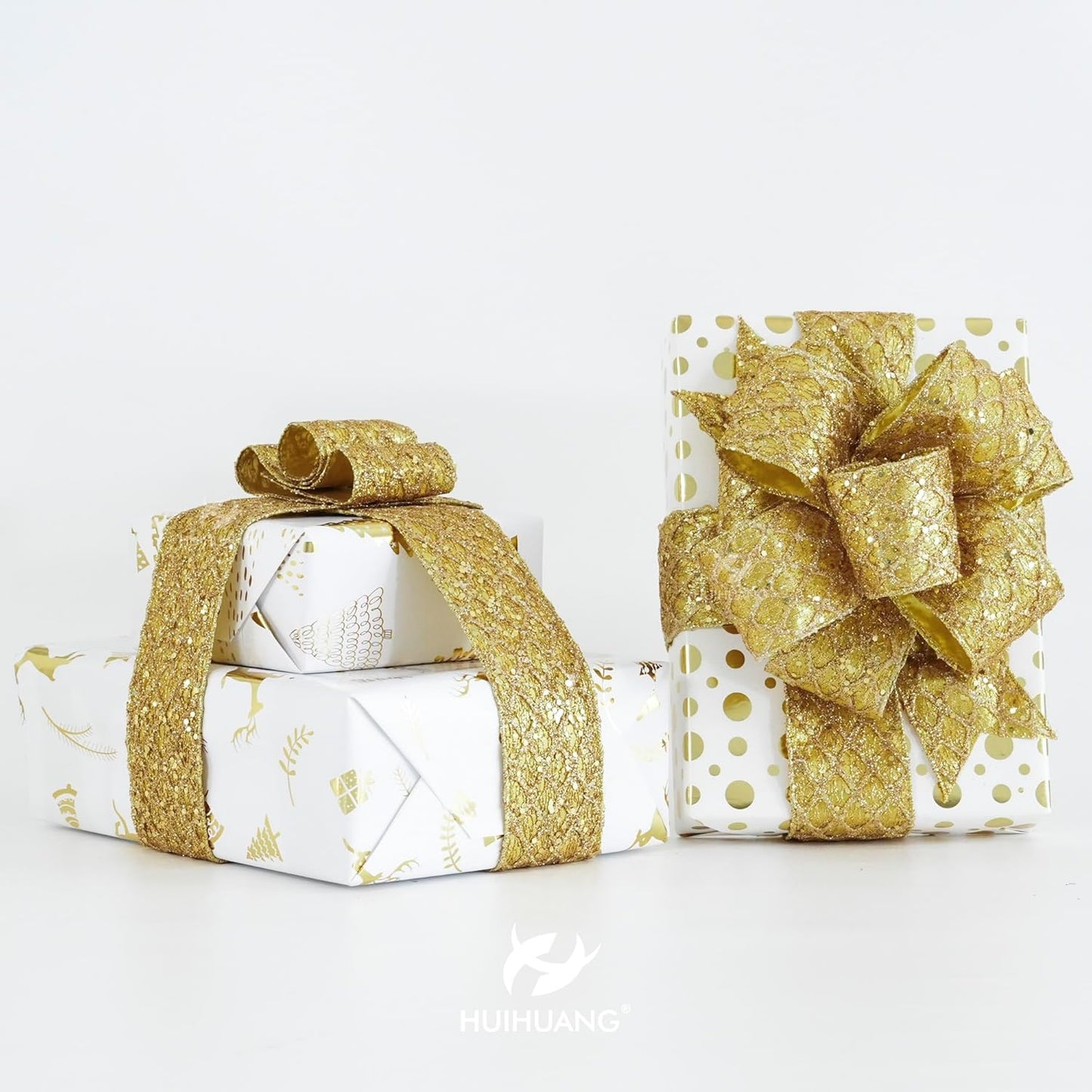 HUIHUANG Gold Glitter Wired Ribbon for Christmas Tree 2.5 inch Gold Diamond Mesh Ribbon for Tree Decoration, Wreaths, Garland, Gift Wrapping, Large Bows Making, Home Decor -10 Yards - Crafty Corner