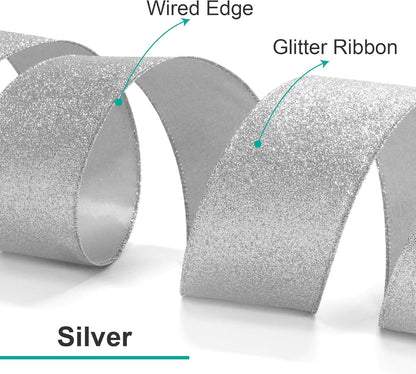 CT CRAFT LLC Glitter Wired Ribbon 1.5" x 10 Yards Silver for Christmas Home Decor Bow Gift Wrapping DIY Crafts Wreath - Crafty Corner
