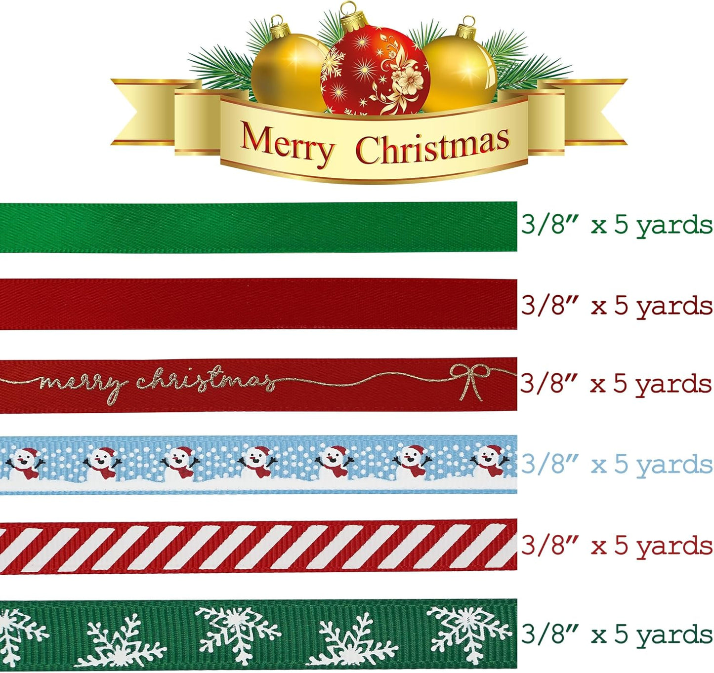 MEEDEE Christmas Ribbon 3/8 inch Thin Holiday Ribbon Set in Red, Green, White, Gold & Silver Color 12 Rolls 60 Yards Perfect for Gift Wrapping, Xmas Wreath Decor, Garlands, and Holiday Crafts - Crafty Corner