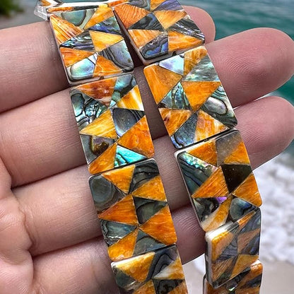 AlohaGemsUSA Spiny Oyster & Abalone Shell Beads - Native American Style (Handcrafted Triangular Mosaic Inlay Artistry with Meticulous Workmanship) Rectangle 15X20mm (Half Strand 8 Inches - 10 Beads)