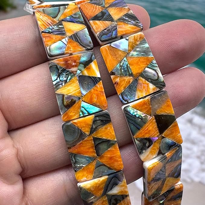 AlohaGemsUSA Spiny Oyster & Abalone Shell Beads - Native American Style (Triangular Mosaic Inlay Artistry with Meticulous Workmanship) Rectangle 15X20mm (Full Strand 16 Inches - 20 Beads)