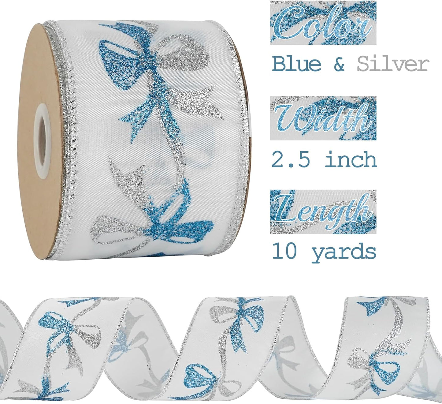 MEEDEE Blue & Silver Christmas Ribbon, 2.5 Inch Wired Satin Ribbon with Turquoise & Silver Glittery Bows, 10 Yards (30 Feet), Perfect for Tree, Garlands, Toppers & Bows - Crafty Corner