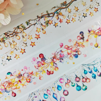 PET Christmas Washi Tape Stickers Set,3 Rolls Lighting Scrapbook Tape Stickers for Journaling,Junk Journal Supplies,DIY Craft,Notebook,Phone Case(Star Light)