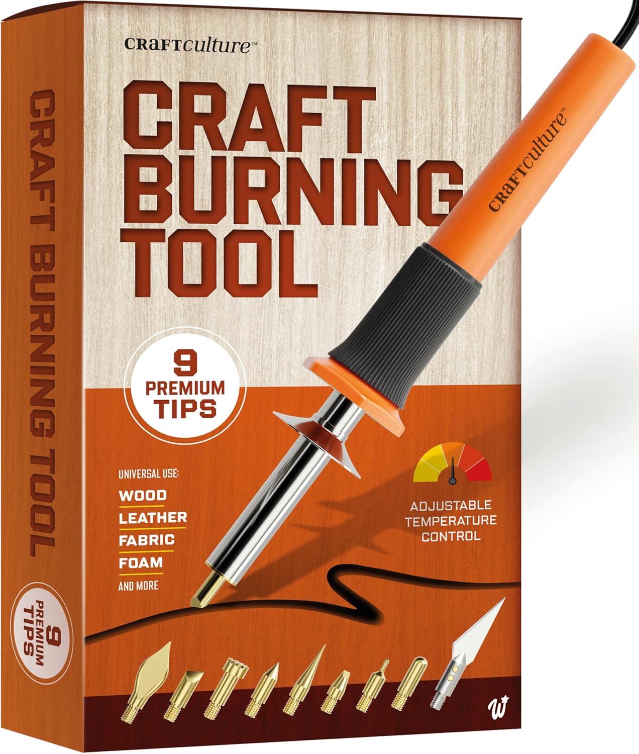 Craft Culture Wood Burning Tool Pen - Craft Burning Tools for Adults & Teens - Wood Burner Kit, Engraver, Carver, Pyrography, Woodburning - Includes 9 Premium Tips - Adjustable Temperature Control - Crafty Corner