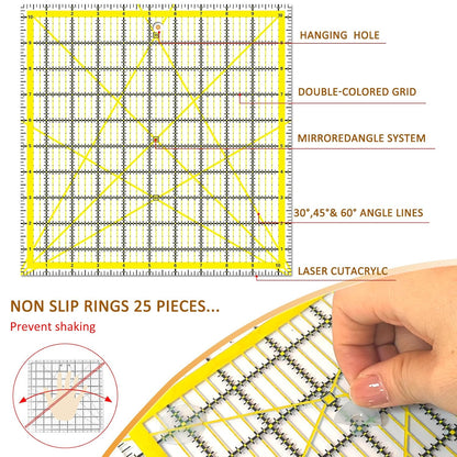 Quilting Rulers, Sewing Rulers, 4 Piece Quilting Square Templates, Acrylic Rulers with Non-Slip Rings for Sewing (3.5"X3.5", 5"X5", 6.5"X6.5", 10.5"X10.5") (Yellow)