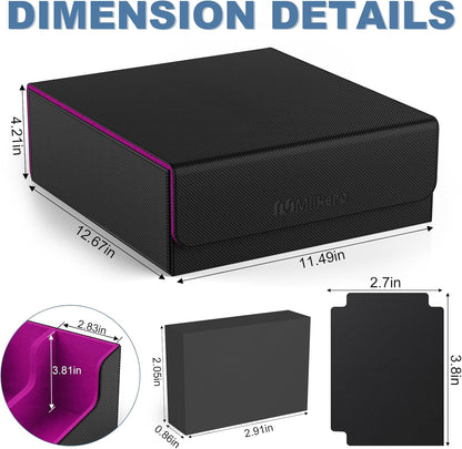 Mlikero Card Deck Case, 2400+ Trading Card Storage Box with 10 Colorful Dividers and 4 Foam Stoppers, Leather Magnetic Closure Commander Deck Box Fit for MTG, TCG (4 Rows, Black&Purple)