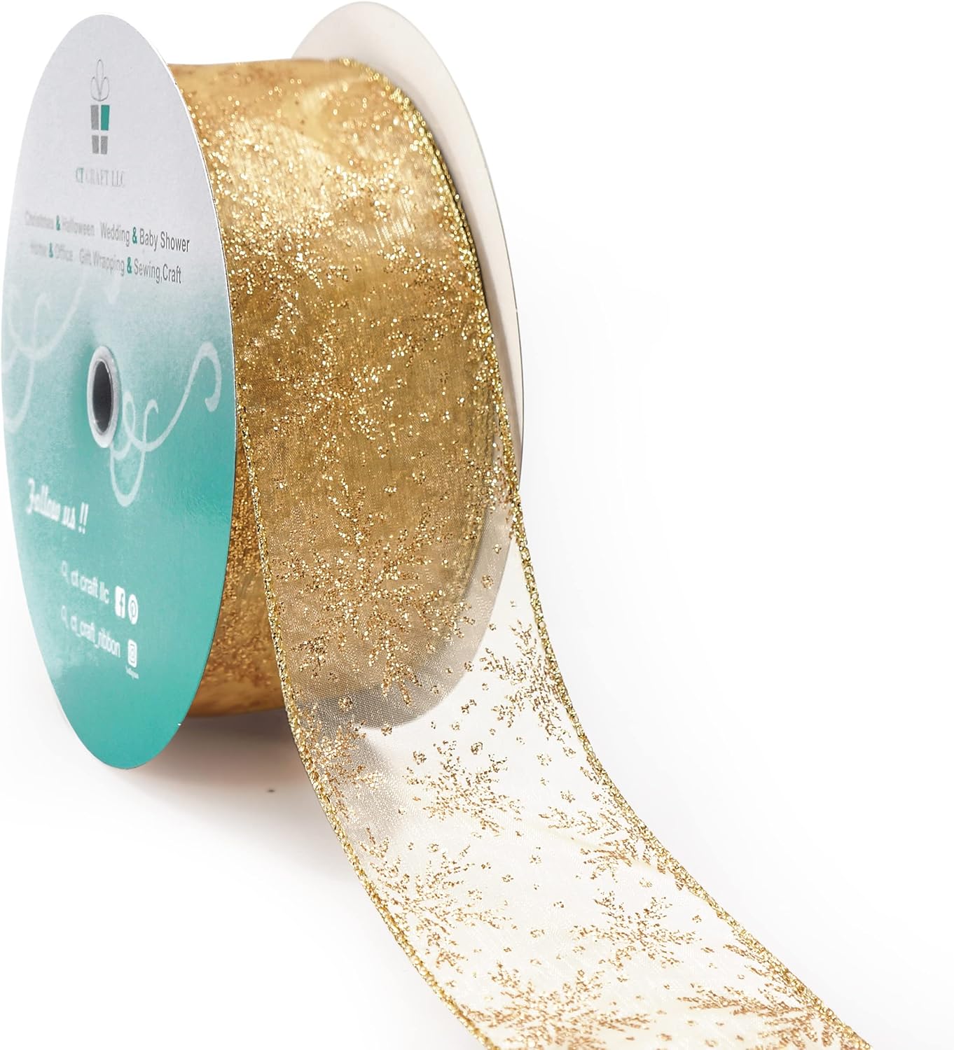 CT CRAFT LLC Organza with Gold Glitter Snowflakes Wired Ribbon 2.5 inch x 50 Yards for Christmas Home Decor Tree Topper Bow Gift Wrapping DIY Crafts Wreath Garland Wedding - Crafty Corner