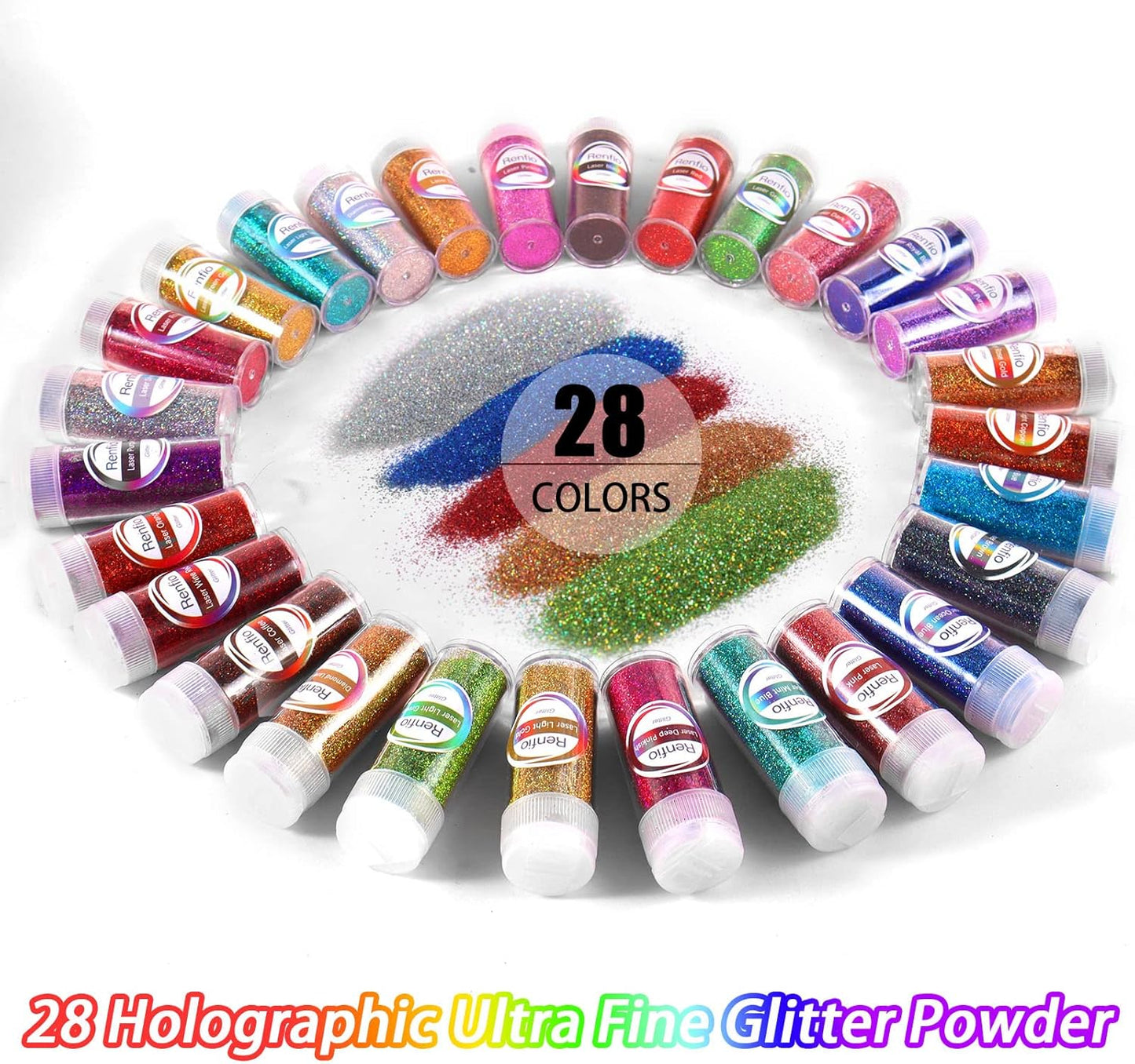 Renfio 28 Colors Holographic Glitter Set, 14.81oz 420g Ultra Fine Glitter Powder PET 1/128" 0.008" 0.2mm Resin Suppies Assorted Craft Glitter for Fake Nails, Resin Art, Tumblers, Slime, Hair, Bomb