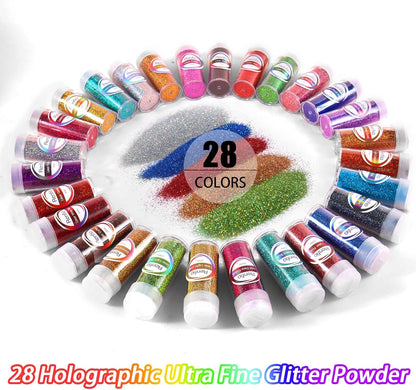 Renfio 28 Colors Holographic Glitter Set, 14.81oz 420g Ultra Fine Glitter Powder PET 1/128" 0.008" 0.2mm Resin Suppies Assorted Craft Glitter for Fake Nails, Resin Art, Tumblers, Slime, Hair, Bomb
