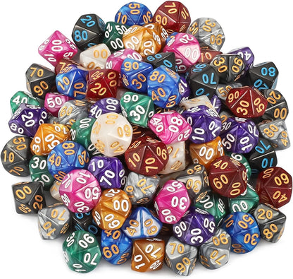 CiaraQ DND Polyhedral Dice (100pcs) with A Dice Bag Compatible with Dungeons and Dragons DND RPG MTG Role Playing Table Games (D% dice, 10 colors-100 pcs)