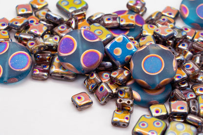1.75 oz (50g) Mix of Unique Czech Bohemia Glass Pressed Beads, Blue Violet Pink Vitrail Sliperit, Dot Patterned, Matte and Glossy, Hand Made BCV