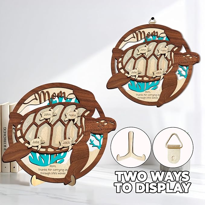 Personalized Sea Turtle Family Sign for Mom, Custom Wooden Little Turtles Plaque with Kids Names, Mother’s Day Birthday Gift for Mom, Grandma, Memaw, Turtle Gifts for Women, Office Home Decor