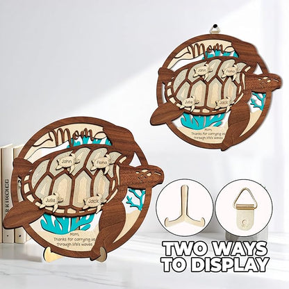Personalized Sea Turtle Family Sign for Mom, Custom Wooden Little Turtles Plaque with Kids Names, Mother’s Day Birthday Gift for Mom, Grandma, Memaw, Turtle Gifts for Women, Office Home Decor