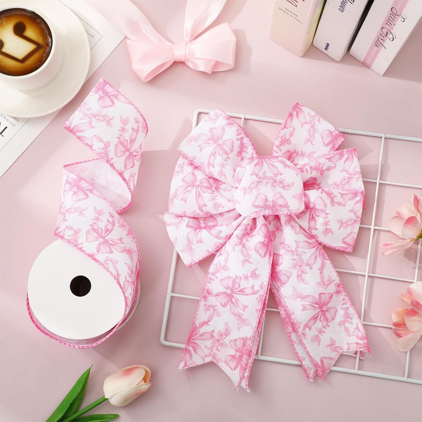 Pink Floral Bow Wired Edge Ribbon Chinoiserie Flower Bowknot Fabric Ribbon for DIY Crafts Wreath Bow Making Supplies, 12 Yard - Crafty Corner