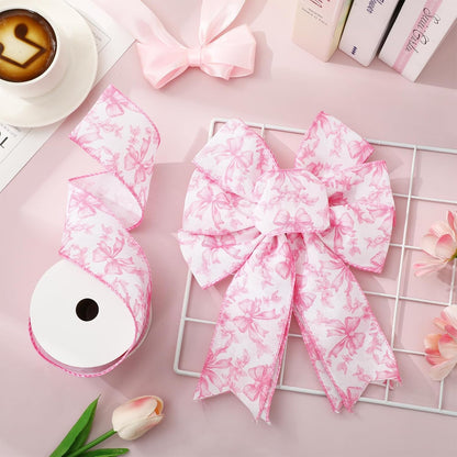 Pink Floral Bow Wired Edge Ribbon Chinoiserie Flower Bowknot Fabric Ribbon for DIY Crafts Wreath Bow Making Supplies, 12 Yard - Crafty Corner