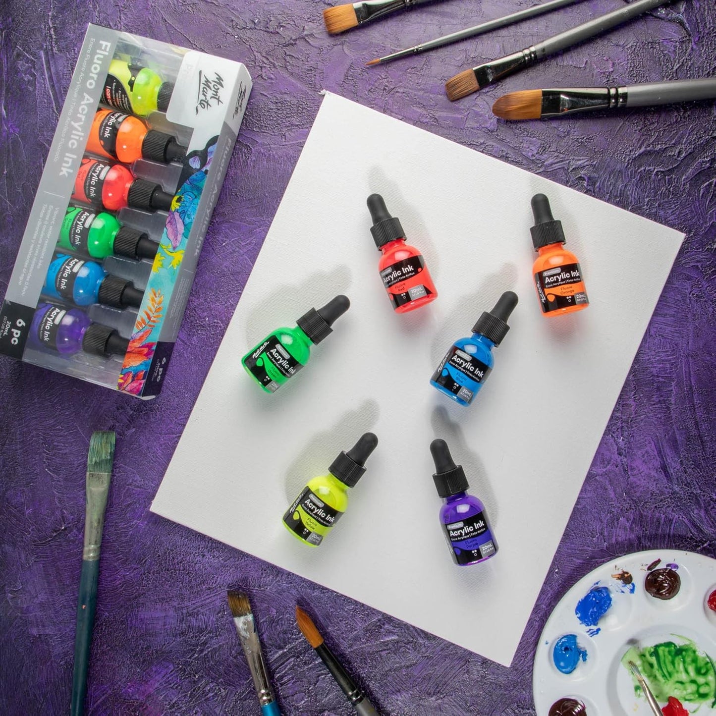 Mont Marte Acrylic Ink Premium 6pc x 20ml (0.7 US fl.oz), Acrylic Inks for Artists, Fluoro Colors, Ideal for Air Brush, Pouring Art, Scrapbooking, Ink Drawing, Mixed Media - Crafty Corner