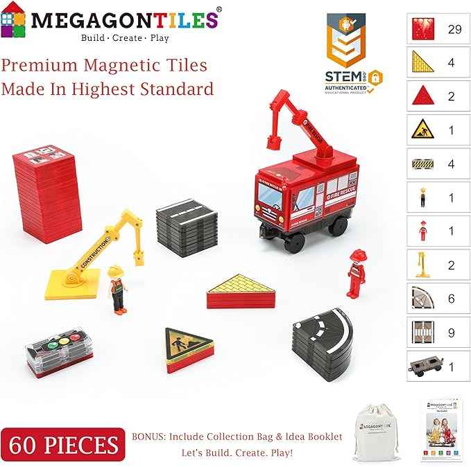 Fire Station Magnetic Tiles Set 60PCS | STEM Magnetic Building Blocks with Fire Trucks & Cranes | Educational Construction Toy for Kids Ages 3–8 | Compatible with All Tile Brands