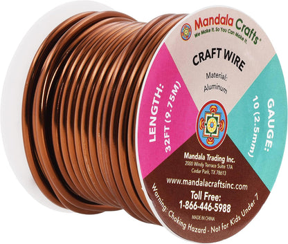 Mandala Crafts 10 Gauge Anodized Aluminum Craft Wire for Jewelry Making - 32 FT Colored Flexible Brown Wire - Bendable for Bonsai Armature Crafting Sculpting - Crafty Corner