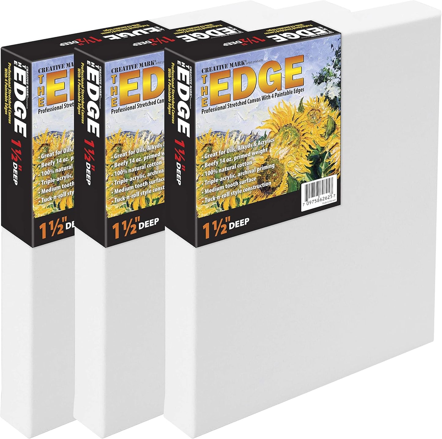 Creative Mark The Edge Deluxe Cotton 1-1/2" Deep Stretched Canvas for Painting, 24"x30" Pack of 3, 14oz. Primed Weight, Universal Archival Priming, Medium Tooth, Hand-Stretched Canvas for Painters