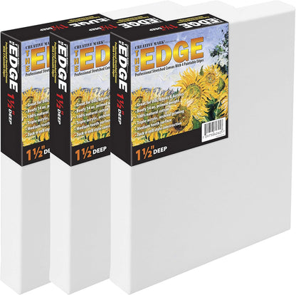 Creative Mark The Edge Deluxe Cotton 1-1/2" Deep Stretched Canvas for Painting, 8x8 Pack of 3, 14oz. Primed Weight, Universal Archival Priming, Medium Tooth, Hand-Stretched Canvas for Painters