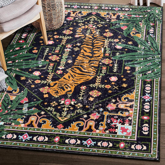 Oriental Tropical Indoor Door Mat Washable, Thin Black Boho Vintage Distressed Hippie 3x5 Throw Rugs for Bedroom Bathroom Kitchen Non-Slip Abstract Botanical Tribal Indian Entryway Carpet