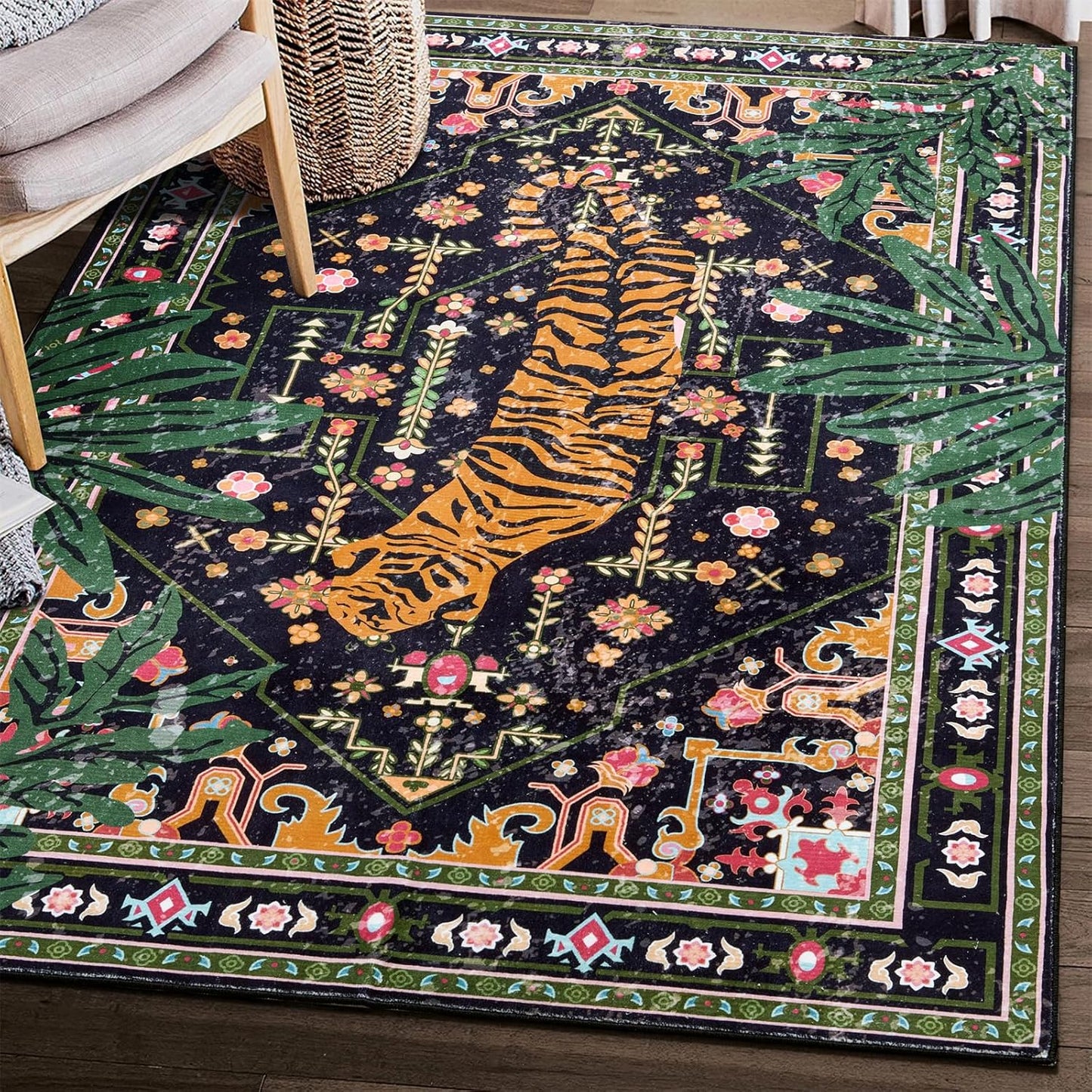 Oriental Tropical Washable Rugs, Stain Resistant Black Boho Vintage Hippie 6x9 Area Rugs for Dining Living Room Office Dorm Entryway, Abstract Botanical Tribal Indian Accent Bedroom Carpet