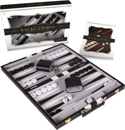 Backgammon Sets for Adults with Premium Leather Case | Classic Travel Backgammon Set for Adults and Kids with Strategy & Guide | 15 Inches | Medium | Black
