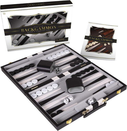 Backgammon Sets for Adults with Premium Leather Case | Classic Travel Backgammon Set for Adults and Kids with Strategy & Guide | 15 Inches | Medium | Black