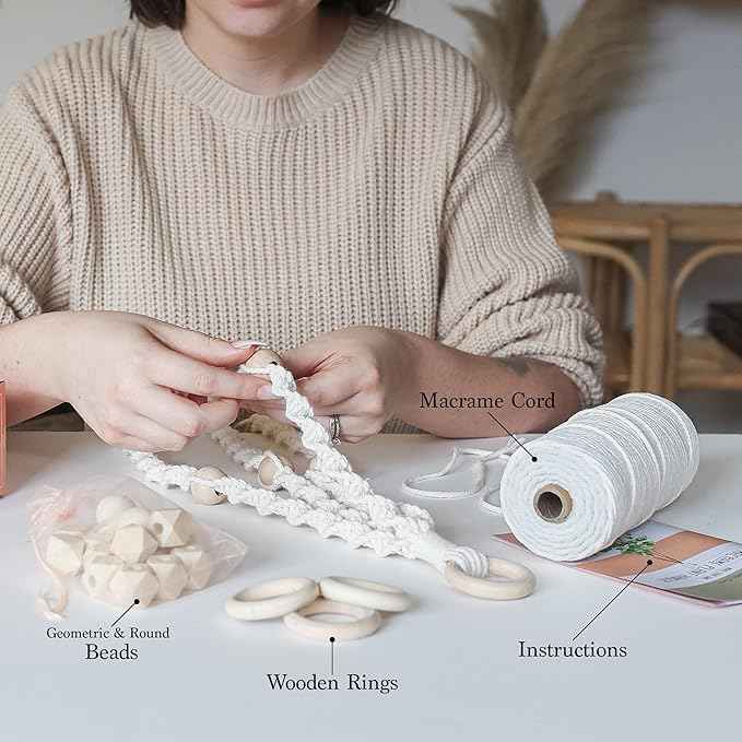 Macrame Kit - Makes 3 Macrame Plant Hangers with Easy To Follow Instructions for Adult Beginners - Includes 109 Yards 3mm Cotton Macrame Cord, Natural Wooden Beads & Custom Instruction Booklet