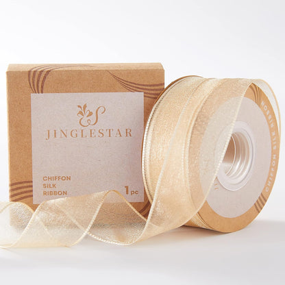 1 Inch Wide Sheer Chiffon Ribbon - Pearl Silk Woven Ribbon Suitable for Gift Wrapping, Wedding Decor, Home Decor, Girl Hair Accessories Handmade DIY (25 Yards/roll) (Champagne) - Crafty Corner