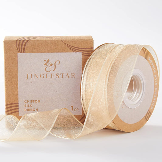 1 Inch Wide Sheer Chiffon Ribbon - Pearl Silk Woven Ribbon Suitable for Gift Wrapping, Wedding Decor, Home Decor, Girl Hair Accessories Handmade DIY (25 Yards/roll) (Champagne) - Crafty Corner