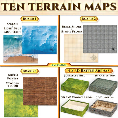 10 DND Game Mats and a lot More - Includes 6 Dungeons & Dragons Board Game Battle Maps (1" Square Grid), Huge Size 22x26-4 3D Battle Arenas, 140+ Reusable Stickers, 4 Markers & Eraser, by EverGame