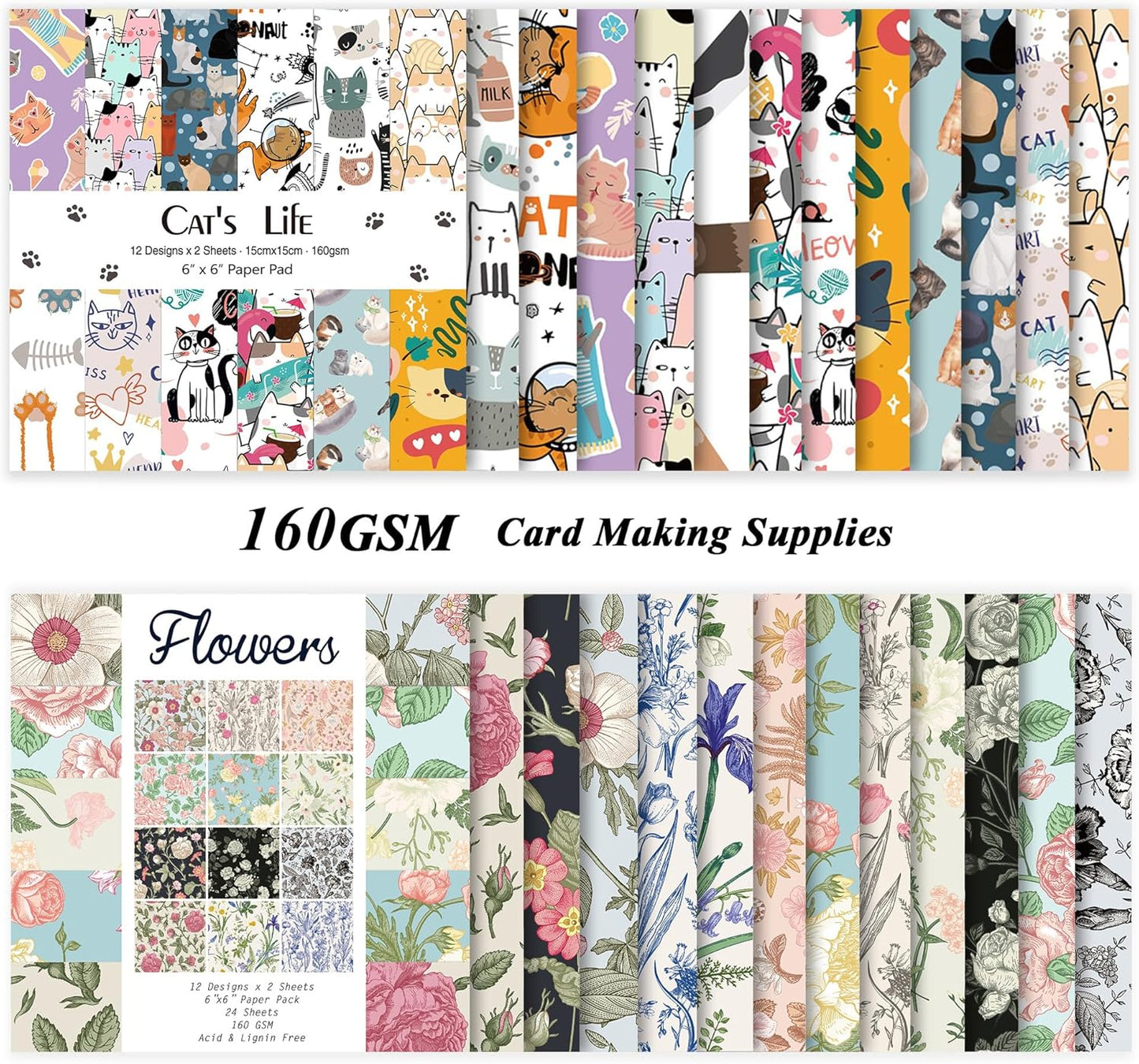 48 Sheets 24 Designs Scrapbook Paper Pad, 6"×6" Single-Sided Decopodge Craft Cardstock Paper,Scrapbooking DIY Decorative Background Cardmaking Supplies.Cat's Life&Flowers - Crafty Corner