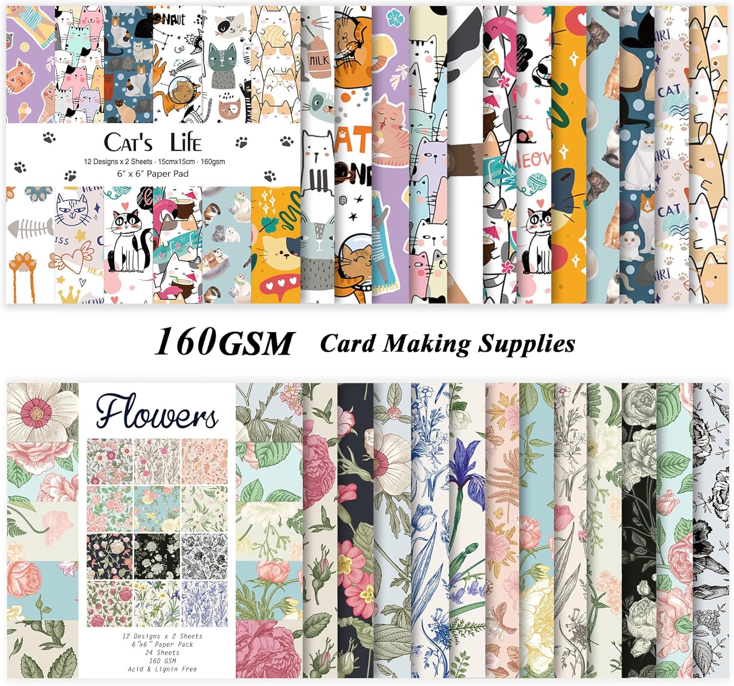 48 Sheets 24 Designs Scrapbook Paper Pad, 6"×6" Single-Sided Decopodge Craft Cardstock Paper,Scrapbooking DIY Decorative Background Cardmaking Supplies.Cat's Life&Flowers - Crafty Corner