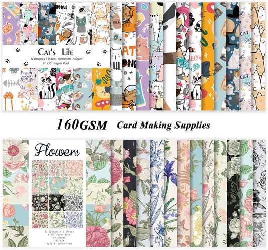 48 Sheets 24 Designs Scrapbook Paper Pad, 6"×6" Single-Sided Decopodge Craft Cardstock Paper,Scrapbooking DIY Decorative Background Cardmaking Supplies.Cat's Life&Flowers - Crafty Corner