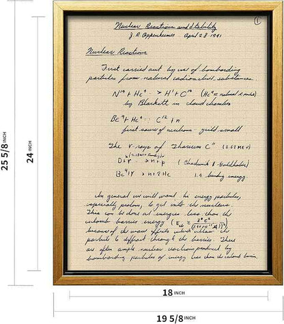 Poster Master Oppenheimer Canvas - Retro Atomic Bomb Manuscript Print - Manhattan Project Art - Gift for Him, Her, Scientist - Physics Decor for Office, Library - 18x24 Gold Framed Canvas