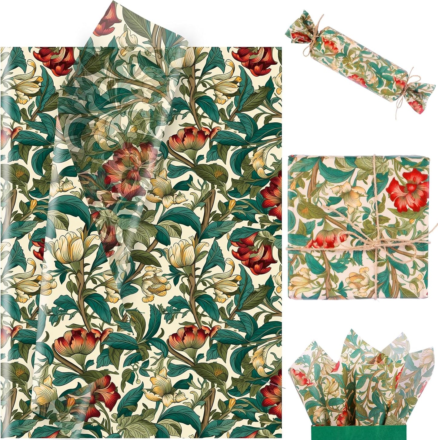 100 Sheet William Morris Tissue Paper, 20x14 inch Vintage Blue Green Floral Printed Wrapping Paper Seamless Print Botanical Flower Tissue Paper for Birthday Wedding Bridal Shower Tea Party DIY Craft