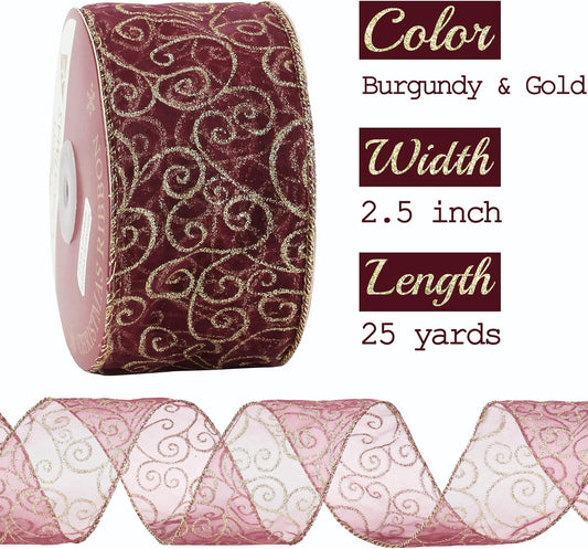 MEEDEE Red Gold Swirl Wired Ribbon 2.5 Inch Dark Red Sheer Ribbon with Gold Swirl Glitter Wired Ribbon Organza Sheer Ribbon 25 Yards Burgundy Sheer Christmas Ribbon for Christmas Tree, Wreath Bow - Crafty Corner