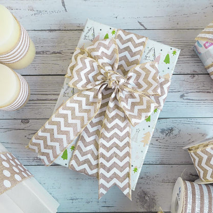 MEEDEE Burlap Ribbon with White Chevron Pattern - 2.5 Inch Wired Ribbon for Cakes, Wreaths, Rustic Decor, Baby Showers, Beach Parties, Farmhouse Gifts - 10 Yards - Crafty Corner