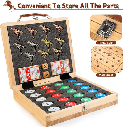 Bravmate Large 21 Inches Horse Race Board Game, Solid Wood Foldable Horse Racing Game with 11 Luxury Metal Horses, 2 Wooden Dice, 2 Boxes of Cards, 80 Chips for Parties