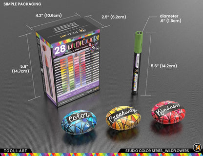 28 Wildflower Colors Acrylic Paint Pens Studio Color Series Markers Set 3mm Medium Tip, Rock Painting, Glass, Mugs, Wood, Metal, Canvas, DIY Projects, Detailing. Non Toxic, Waterbased, Quick Drying