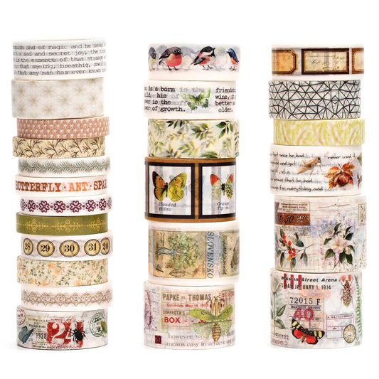 Vintage Washi Tape Set - 24 Rolls Arts Adhesive Tapes Assorted Retro Decorative Masking Tape Sets for Craft, Kids, Scrapbook, DIY, Gift Wrapping (4-Nature Journal)