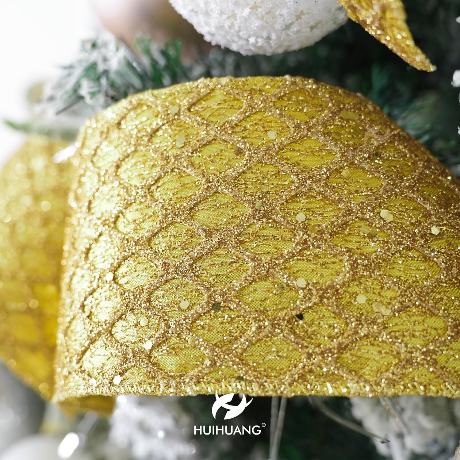 HUIHUANG Gold Glitter Wired Ribbon, 4 inch x 10 Yards, Polyester, Christmas, Gold, Geometric Pattern, Perfect for Tree Decorations, Wreaths, Gift Wrapping - Crafty Corner