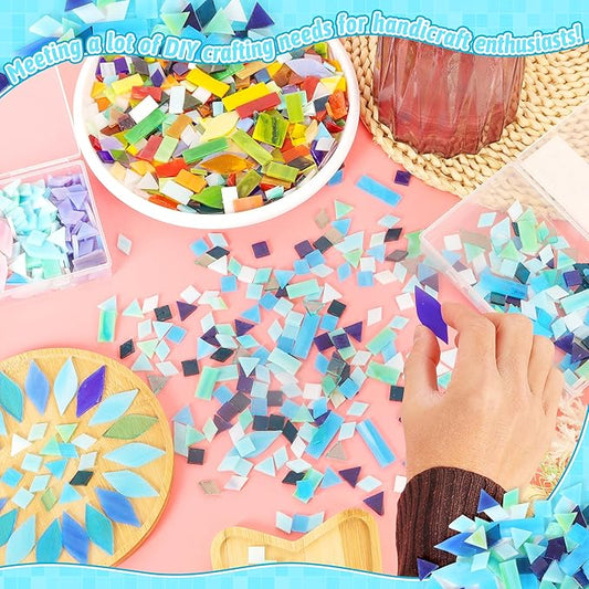 Glass Mosaic Tiles Pieces for Crafts: LATIIZ 320Pcs Bule Color Mixed 5 Shapes Stained Bulk Art Supplies for Making Decor Project DIY Lamp Vase Coaster Stepping Stone for Adults Beginners Mosaicist