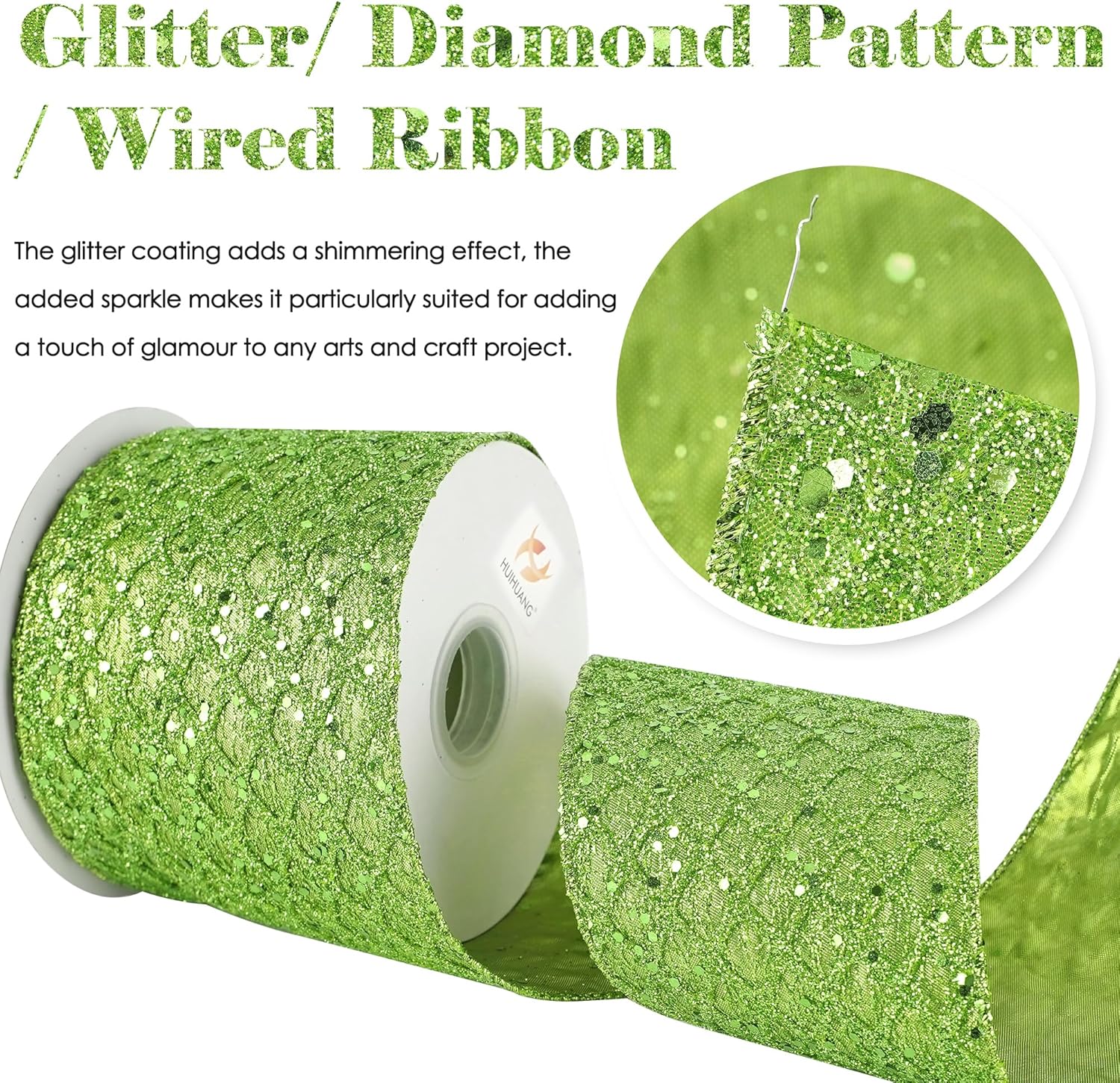 HUIHUANG Lime Green Glitter Wired Ribbon - 4 inch x 10 Yards (30 Feet) - Polyester Material - Perfect for Christmas, Halloween & More - Geometric Pattern - Wired Edges for Easy Shaping - Crafty Corner