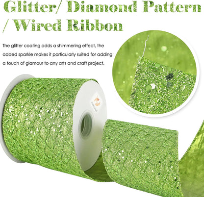 HUIHUANG Lime Green Glitter Wired Ribbon - 4 inch x 10 Yards (30 Feet) - Polyester Material - Perfect for Christmas, Halloween & More - Geometric Pattern - Wired Edges for Easy Shaping - Crafty Corner