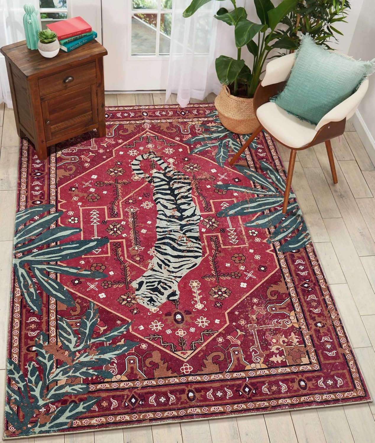 Tribal Rugs Summer Tropical 5x7 Area Rugs Wine Red Traditional Boho Vintage Oriental Rug Carpet for Bedroom Kitchen Dining Living Room Indoor Entryway Washable