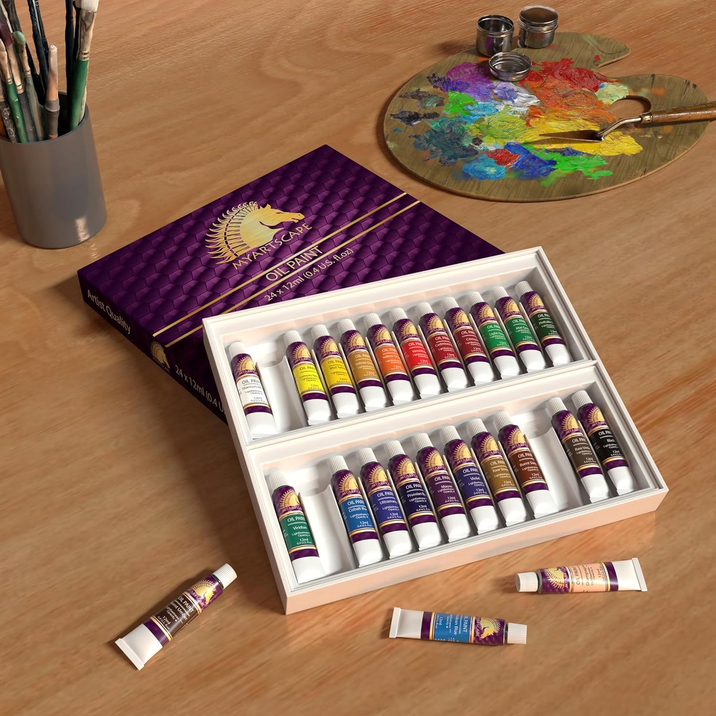 MyArtscape Oil Paint Set - 12ml x 24 Tubes - Lightfast - Heavy Body - Oil-based Colors - Great Pigment Load - Artist Quality Painting Supplies - Professional Craft Paints